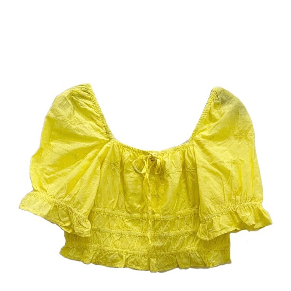 100% Cotton Embroidered Yellow Puff Sleeve Square Neck Crop Blouse Summer Top L